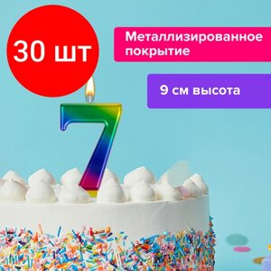 Комплект 30 шт, Свеча-цифра для торта "7"Радужная", 9 см, золотая сказка, с держателем, в блистере, 591440