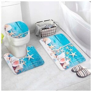 Комплект ковриков Доляна Ракушки 37х45, 37х45, 45х75 смдля ванной комнаты, голубой
