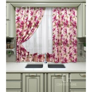 Комплект штор с рисунком с тюлем розовый 170х270, для кухни, гостинной и комнаты