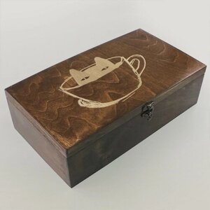 Коробка для чайных пакетиков из дерева, чайница большая, 4 отделения с узором Иллюстрация кот - 1276
