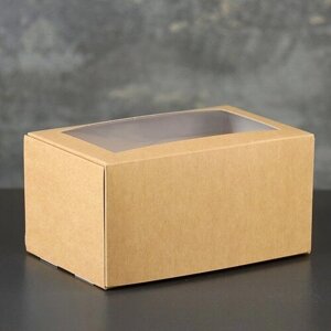 Коробка-моноблок картонная под 2 капкейка, с окном, крафт, 16 х 10 х 8 см 5 шт