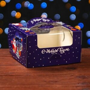 Коробка под бенто-торт с окном "Новогодняя ночь", 14 х 14 х 8 см (5 шт)