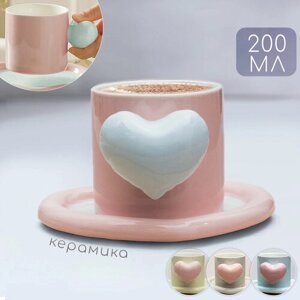 Кружка Сердце (N 2) розовая 200 мл Эврика, чашка с блюдцем и объемной ручкой, подарочная, женская, чайная пара на 14 февраля, 8 марта