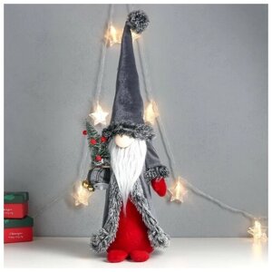 Кукла интерьерная "Дед Мороз с ёлкой в мешке, серая бархатная шуба" 51х18х18 см