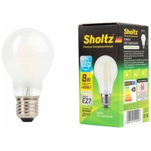 Лампа светодиодная энергосберегающая Sholtz 8Вт 220В груша A60 E27 4000К стекло матовая филаментная (Шольц) FOB5102