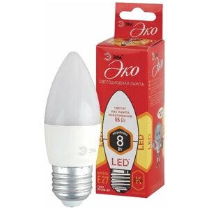 Лампа светодиодная ЭРА, 8(55) Вт, цоколь Е27, свеча, теплый белый, 25000 ч, ECO LED B35-8W-2700-E27, Б0030020
