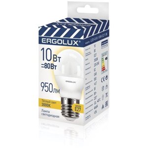 Лампа светодиодная ERGOLUX LED-G45-10W-E27-3K (Эл. лампа светодиодная Шар 10Вт E27 3000K 220-240В промо)