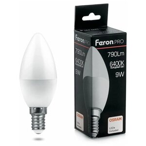 Лампа светодиодная LED 9вт Е14 дневной матовая свеча Feron. PRO OSRAM | код. 38061 | FERON (2шт. в упак.)