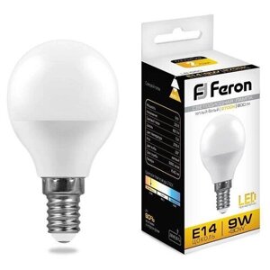 Лампа светодиодная LED 9вт Е14 теплый матовый шар | код 25801 | FERON (1 шт.)