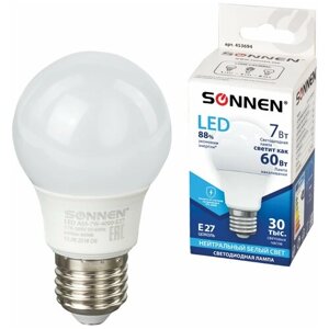 Лампа светодиодная SONNEN, 7 (60) Вт, цоколь Е27, груша, нейтральный белый свет, 30000 ч, LED A55-7W-4000-E27, 453694