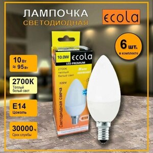 Лампочка светодиодная Свеча 10W, цоколь Е14, 2700k, Ecola Premium, 6 штук