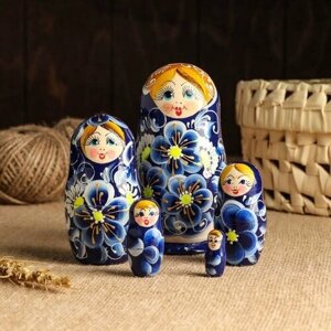 Матрешка 5 кукол, "Нина" синяя, 13 см, ручная роспись (6032600)