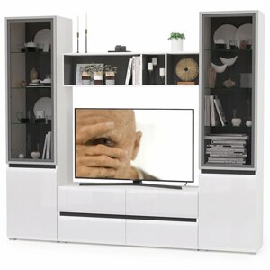 Мебельная глянцевая Мини-Стенка для гостиной под телевизор 230см белый/чёрный/МДФ белый глянец - НЖ1573