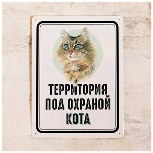 Металлическая табличка на забор Территория под охраной лесного кота , идея подарка владельцу кота , металл, 20х30 см