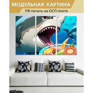 Модульная картина на ОСП В детскую комнату "Животные, звери, акула кушает" 188x125 см. 3 части для интерьера на стену
