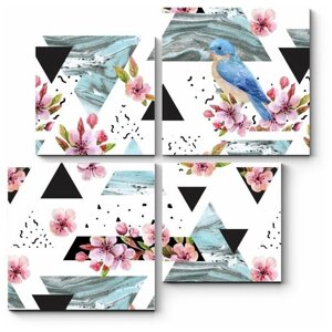Модульная картина Птицы, цветы и треугольники 100x100