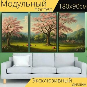 Модульный постер "Пейзаж с яблоней картины, " 180 x 90 см. для интерьера на стену