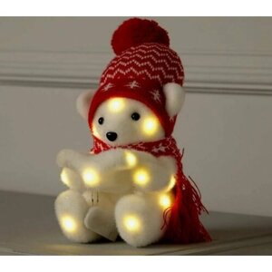 Мягкая игрушка медвежонок, светодиодная фигура 10 х 18 х 10 см, флок, на батарейках, свечение тёплое, белое