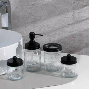 Набор аксессуаров для ванной, 4 предмета (дозатор, стакан для щёток, 2 банки), цвет чёрный (комплект из 2 шт)