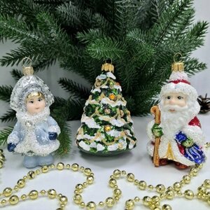 Набор авторских елочных игрушек из стекла Irena-Co Дед Мороз, Снегурочка и елочка