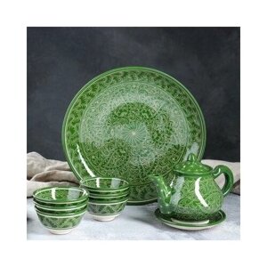Набор чайный, риштанская роспись, 9 предметов, зелёный: чайник 0.8 л, пиалы 0.3 л Риштанская 2245460