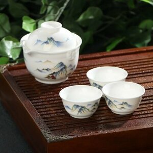 Набор чайный SKYPHOS «Восточная мудрость», 4 предмета: 3 пиалы 40 мл, гайвань 240 мл, керамический, цвет белый
