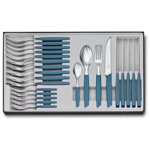 Набор из 24 столовых принадлежностей VICTORINOX Swiss Modern: 6 ножей для стейка с лезвием 12 см, 6 вилок, 12 ложек, васильково-синий 6.9096.12W2.24