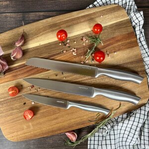 Набор кухонных ножей 3шт (универсальный, разделочный, для хлеба) HANSFELD Aurora, для нарезки овощей колбасы сыра, для разделки мяса рыбы, хлебный