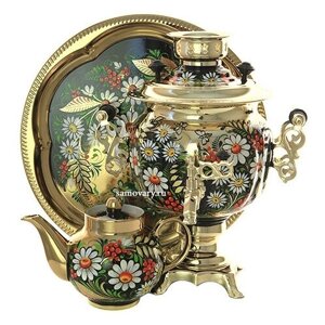 Набор самовар электрический 3 литра с художественной росписью "Ромашки на золотом", арт. 110603