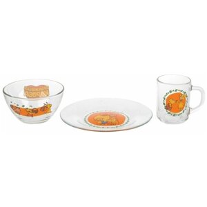 Набор стеклянной посуды (кружка, тарелка и салатник) Оранжевая корова"
