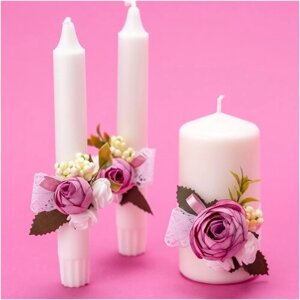 Набор свадебных свечей для семейного очага и декора интерьера с розовыми пионами, латексными розами, декоративными веточками и белым кружевом