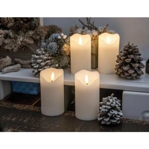 Набор светодиодных восковых свечей живая душа, тёплые белые LED-огни мерцающие, натуральные фитильки'7х13 см (4 шт. ПДУ, Kaemingk (Lumineo)