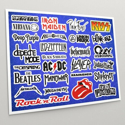 Наклейки декоративные (Стикеры самоклеящиеся) набор "Rock and Roll - Рок группы" 20x25 см