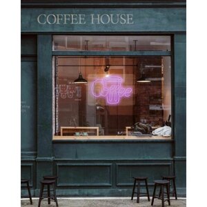 Неоновая вывеска, декоративный светильник кофе, Кофейный стакан, Cofee 60х40см / фиолетовый