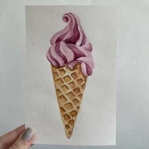 Открытка авторская акварелью Мороженое / Акварельный рисунок рожок