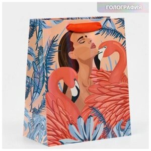 Пакет ламинированный «Девушка с фламинго», радужная голография, MS 18 х 23 х 10 см