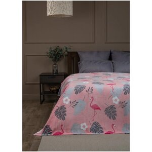 Плед TexRepublic Absolute 180х200 см, 2 спальный, фланель, покрывало на диван, теплый, мягкий, розовый, серый, рисунок фламинго