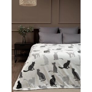 Плед TexRepublic Absolute flannel 150х200 см, 1,5 спальный, покрывало на диван, фланель, мягкий, черный, серый, белый в с котами