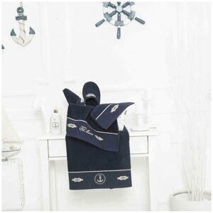 Подарочный набор полотенец для ванной 3 пр. тапочки Tivolyo Home MARINE TOWEL хлопковая махра тёмно-синий