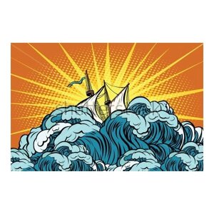 Постер на холсте Яркая иллюстрация с парусным кораблём в бурном море на фоне ярких лучей солнца 60см. x 40см.