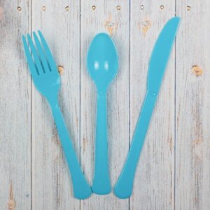 Прочные пластиковые приборы ярко-голубые: вилка, нож, ложка, 24 шт