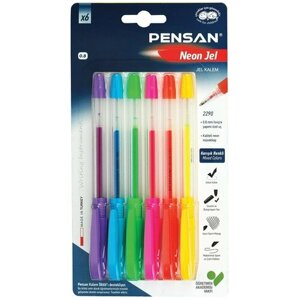 Ручки гелевые PENSAN "Neon Gel", набор 6 цветов, узел 1 мм, линия письма 0,5 мм, 2290/B6, 143839