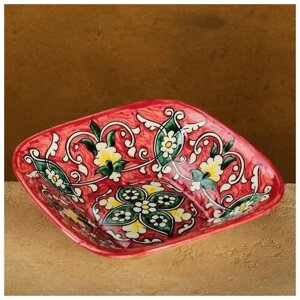 Салатница Риштанская Керамика "Цветы", 17 см, красная, сервировочные салатнциы, миски из керамики