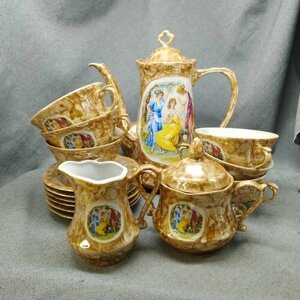 Сервиз кофейный (6 пар чайник молочник сахарница), фарфор, деколь, люстр, Влоцлав Wloclawek Польша, 1970-1990 гг