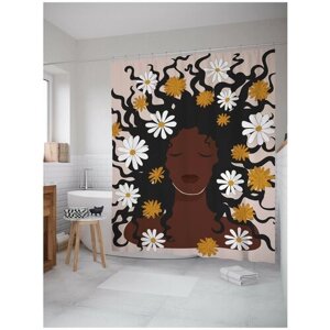 Штора водоотталкивающая для ванной, занавеска в ванную комнату тканевая JoyArty "Африканка с цветами в волосах", 180х200 см