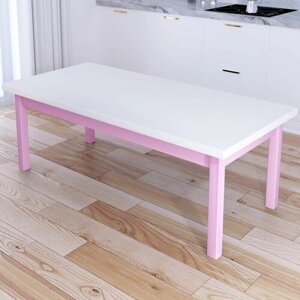 Стол журнальный Классика из массива сосны, белая столешница 40 мм и ножки розового цвета, 140х80х46 см