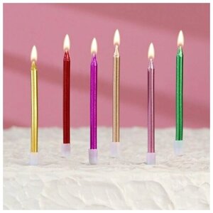 Свечи в торт коктейльные "С днем рождения", 6 шт, 10,5 см, металлик