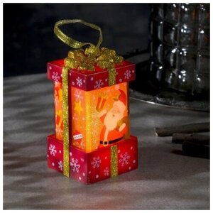 Светодиодная фигура «Красный подарок с Дедом Морозом» 6.3 11.5 6.3 см, пластик, батарейки АААх3 (не в комплекте), эффект пламени