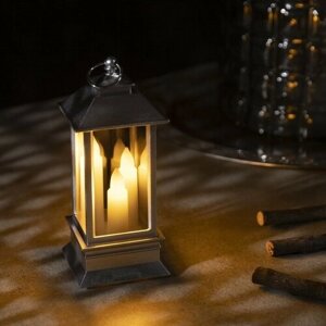 Светодиодная фигура «Серебристый фонарь со свечками» 5.5 13 5.5 см, пластик, батарейки AG13х3, свечение тёплое белое