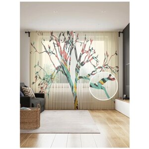 Тюль для кухни и спальни JoyArty "Цветное дерево", 2 полотна со шторной лентой шириной по 145 см, высота 265 см.